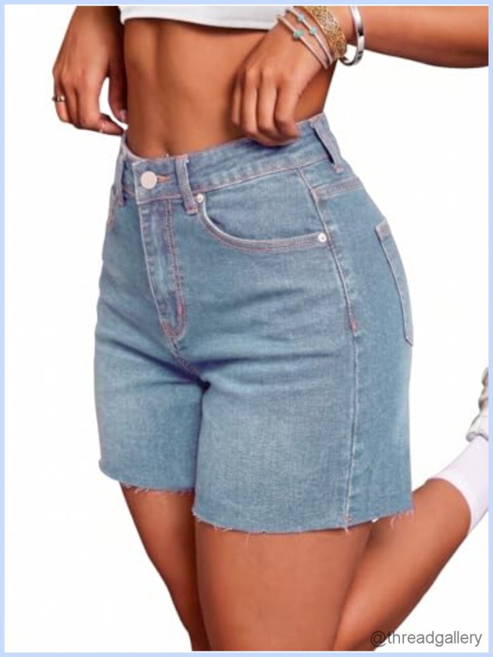 Women's Mid High-Waisted Stretchy Denim Jean Shorts Raw Hem Summer Casual